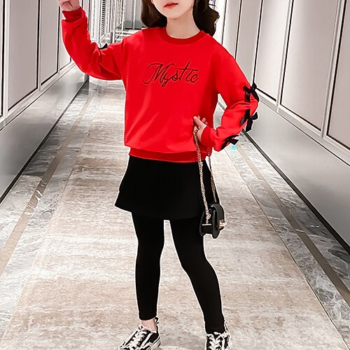 

Kids Girls' Hoodie & Pants Long Sleeve Red Solid Color Tie Knot Formal Active Cute Regular 7-13 Years