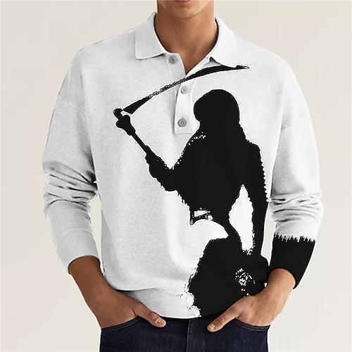 

Men's Collar Polo Shirt Golf Shirt Graphic Prints Portrait Turndown Black White 3D Print Outdoor Street Long Sleeve Button-Down Print Clothing Apparel Designer Casual Punk & Gothic Soft