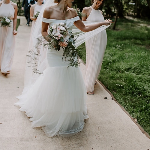 

Mermaid / Trumpet Wedding Dresses Off Shoulder Court Train Tulle Stretch Fabric Sleeveless Sexy with Solid Color 2022