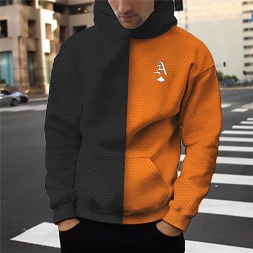 

Men's Pullover Hoodie Sweatshirt Orange Hooded Color Block Graphic Prints Poker Print Daily Sports 3D Print Basic Streetwear Designer Spring & Fall Clothing Apparel Hoodies Sweatshirts Long Sleeve