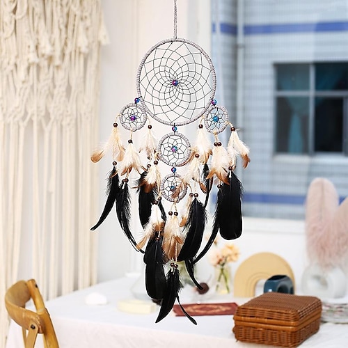 

Dream Catcher Five-ring Handmade Gift with Black Peacock Feather Wall Hanging Decor Art Wind Chimes Boho Style Car Hanging Home Pendant