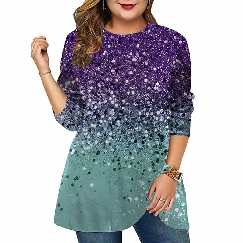 

Women's Plus Size Tops T shirt Tee Color Gradient Print Long Sleeve Crewneck Casual Daily Holiday Cotton Spandex Jersey Winter Fall Green Purple