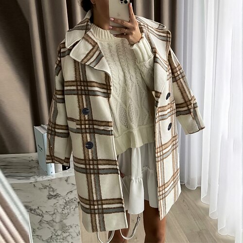 

Women's Winter Coat Windproof Warm Outdoor Street Daily Vacation Pocket Double Breasted Turndown Ordinary Street Style Plaid Regular Fit Outerwear Long Sleeve Winter Fall Purple Khaki S M L XL XXL