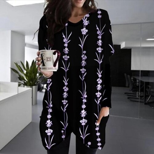 

Women's T shirt Tee Purple Pink Gray Floral Pocket Print Long Sleeve Casual Holiday Basic V Neck Long Floral Painting S