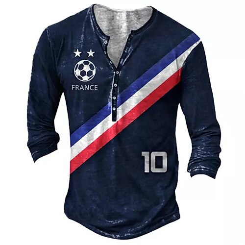 

Men's T shirt Tee Henley Shirt Tee Graphic Henley Blue 3D Print World Cup Outdoor Daily Long Sleeve Button-Down Print Clothing Apparel Basic Designer Classic Comfortable
