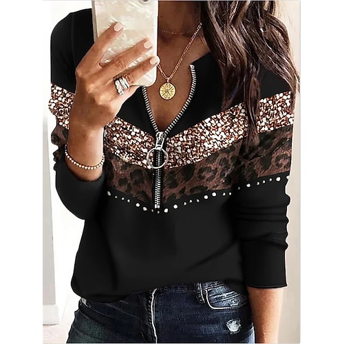 

Women's Sweatshirt Khaki Black Half Zip Leopard Patchwork Print Casual Daily 3D Print Sportswear Casual Spring Fall & Winter Clothing Apparel Hoodies Sweatshirts Loose Fit