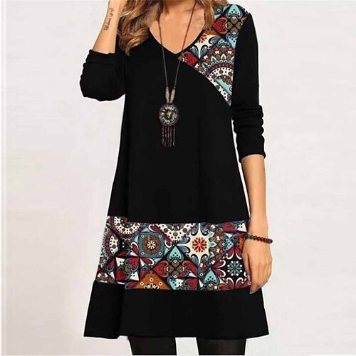 

Women's Casual Dress Shift Dress Green Black Wine Long Sleeve Floral Print Winter Fall Autumn V Neck African Winter Dress Fall Dress Loose Fit 2022 S M L XL XXL 3XL