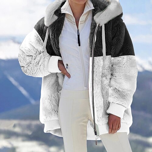 

Women's Fleece Jacket Sherpa Fleece Teddy Zip Up Black Pink Gray Color Block Street Hoodie Long Sleeve S M L XL 2XL 3XL