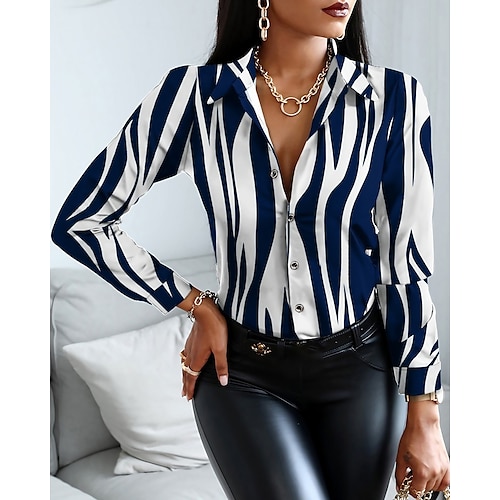 

Mulheres Camisa Social Blusa Preto Branco Azul Real Gráfico Botão Imprimir Manga Longa Diário Final de semana Roupa de rua Colarinho de Camisa Padrão S