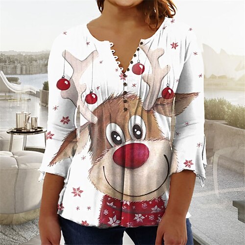 

Women's Plus Size Tops Blouse Shirt Animal Deer Button Print 3/4 Length Sleeve V Neck Casual Christmas Daily Cotton Spandex Jersey Winter Fall Blue White