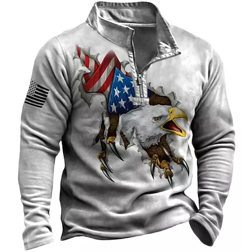 

Homme Sweat zippé Sweat Sweat-shirt quart de fermeture éclair Gris Demi fermeture éclair Imprimés Photos Aigle Drapeau National Zippé Imprimer du quotidien Des sports 3D effet Design Casual Grand et