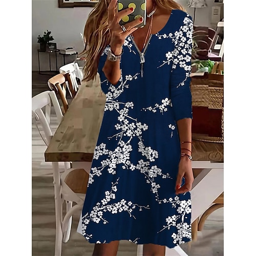 

Women's Casual Dress Shift Dress Green Blue Long Sleeve Floral Zipper Winter Fall Autumn V Neck Winter Dress Weekend Fall Dress 2022 S M L XL 2XL 3XL 4XL 5XL 6XL