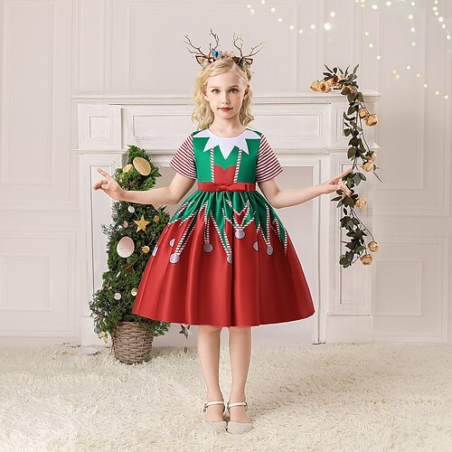 

Kids Girls' Christmas Party Dress Santa Claus Christmas Tree Stripe Christmas Gifts Green Blue Light Green Knee-length Short Sleeve Beautiful Sweet Dresses Christmas Spring Summer Regular Fit 3-10