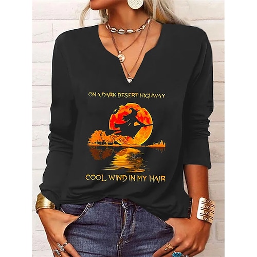

Women's T shirt Tee Black Letter Print Long Sleeve Halloween Halloween V Neck Regular S