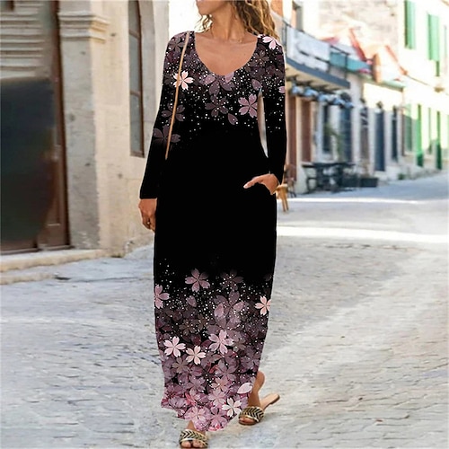 

Women's Casual Dress Shift Dress Long Dress Maxi Dress Purple Long Sleeve Floral Pocket Winter Fall Autumn U Neck Winter Dress Weekend Fall Dress 2022 S M L XL XXL 3XL 4XL 5XL 6XL