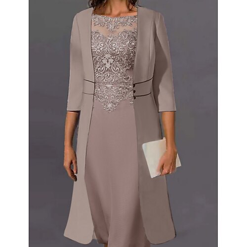 

Women's Dress Set Two Piece Dress Midi Dress Light Brown 3/4 Length Sleeve Floral Embroidered Layered Fall Winter Crew Neck Modern Mature 2022 S M L XL XXL 3XL