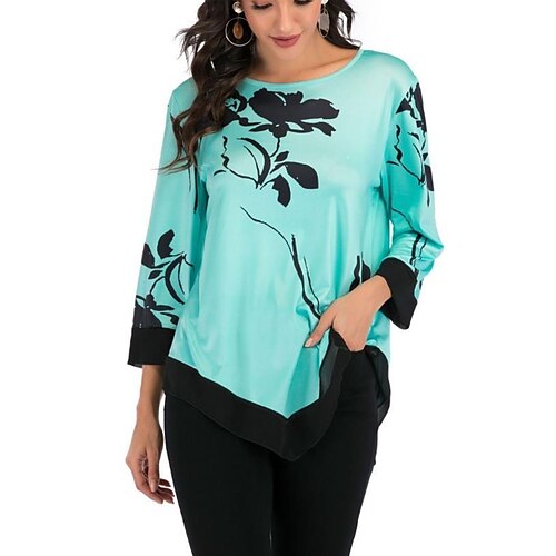 

Women's Blouse Green Wine White Floral Patchwork Print Long Sleeve Casual Round Neck Regular S