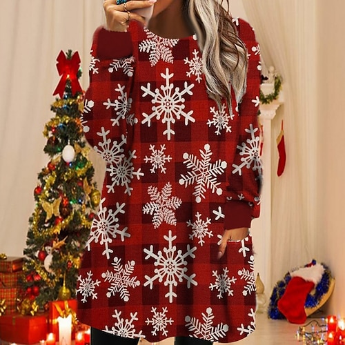 

Women's Christmas Sweatshirt Dress Winter Dress Mini Dress Blue Gold Wine Long Sleeve Plaid Tree Snowflake Pocket Print Winter Fall Crew Neck Casual Loose Fit 2022 S M L XL XXL 3XL