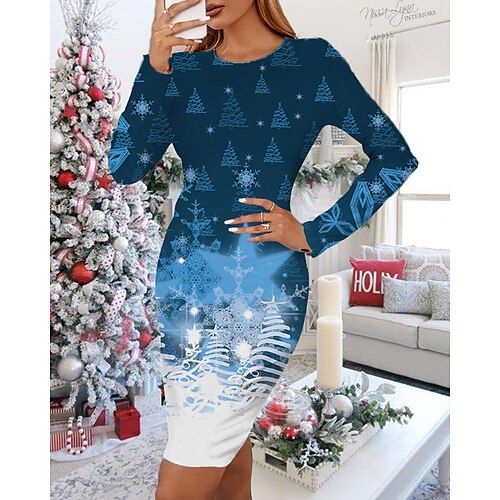 

vestido de trabajo de navidad para mujer mini vestido ajustado azul vino rojo manga larga árbol copo de nieve estampado invierno otoño cuello redondo vacaciones elegante 2022 s m l xl xxl 3xl 4xl 5xl