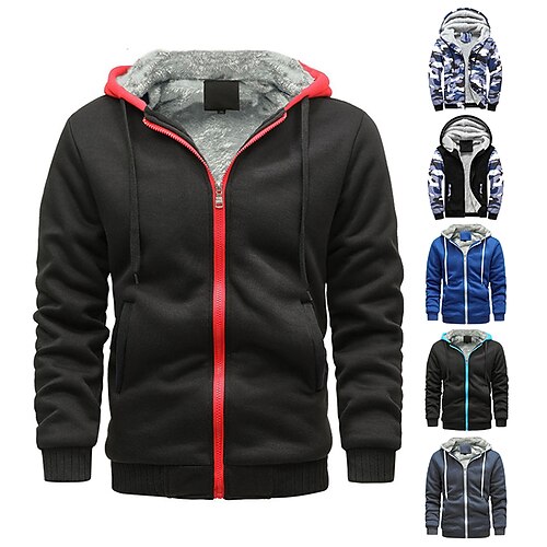 

Men's Fuzzy Sherpa Full Zip Hoodie Jacket Black Blue Royal Blue Navy Blue Camouflage Green Hooded Solid Color Work Casual Fleece Streetwear Casual Winter Fall & Winter Clothing Apparel Hoodies
