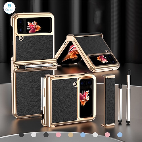 

Phone Case For Samsung Galaxy Flip Z Flip 4 Bumper Frame Pencil Holder Plating Solid Colored PC PU Leather