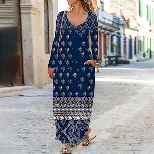 

Women's Casual Dress Shift Dress Long Dress Maxi Dress Blue Long Sleeve Floral Pocket Print Winter Fall U Neck Vacation Casual Fall Dress 2022 S M L XL XXL 3XL 4XL 5XL 6XL / Winter Dress