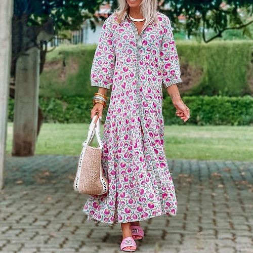 

Women's Casual Dress Shift Dress Long Dress Maxi Dress Pink 3/4 Length Sleeve Print Print Winter Fall V Neck Boho Casual Loose Fit 2022 S M L XL 2XL 3XL