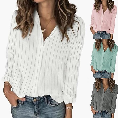

Women's Blouse Button Front Striped Stripes Regular Spring & Fall Green Pink Red Navy Blue Gray