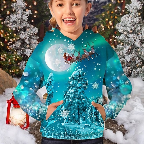 

Kids Girls' Ugly Christmas Hoodie Santa Claus Christmas Gifts Long Sleeve Pocket Vacation 7-13 Years Winter Blue / Cute / Fall