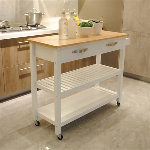

Kitchen Island & Kitchen Cart Rubber Wood Top Mobile Kitchen Island with Two Lockable Wheels Simple Design for Easy Storing and Fetching Two Drawers Give Unique Storage for Special Utensil.