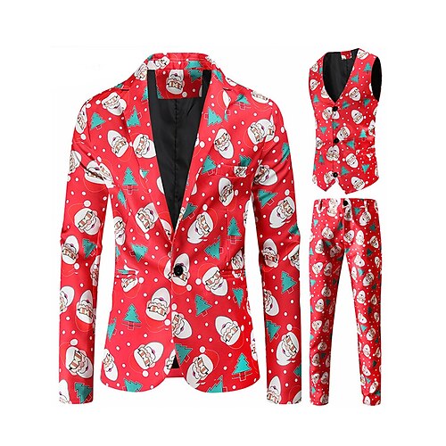 

Red Men's Christmas Suits 3 Piece Patterned Standard Fit Single Breasted One-button 2022