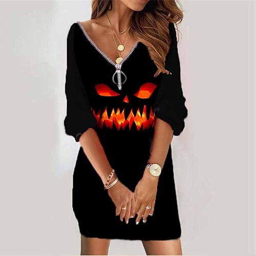 

Women's Sweatshirt Dress Winter Dress Black Orange Long Sleeve Zipper Print Winter Fall V Neck Vacation Casual Fall Dress Loose Fit 2022 S M L XL XXL 3XL / Halloween