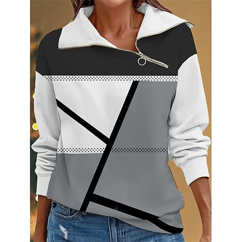 

Mujer Camisa Gris Bloque de color Cremallera de un cuarto Estampado Manga Larga Casual Ropa de calle Cuello Camisero Regular Geométrico adj. S