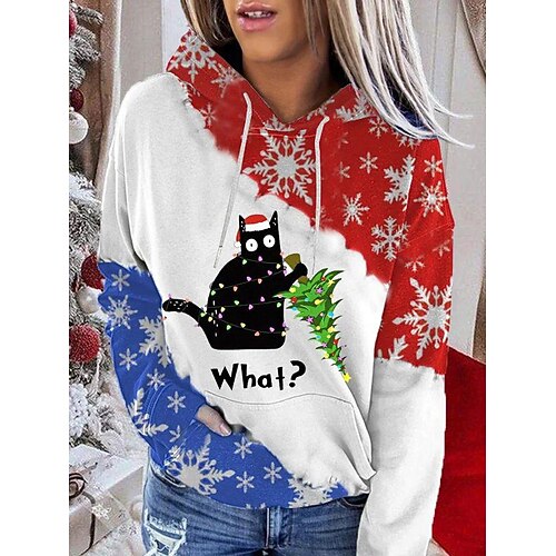 

Women's Hoodie Sweatshirt Pullover Christmas Front Pocket Red Cat Christmas Tree Holiday Hoodie Long Sleeve S M L XL 2XL 3XL