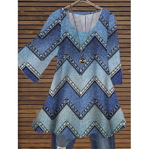 

Women's Plus Size Tops Blouse Shirt Geometry Print 3/4 Length Sleeve Crewneck Casual Daily Holiday Cotton Spandex Jersey Winter Fall Blue