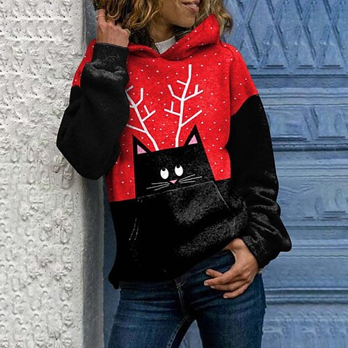

Women's Hoodie Sweatshirt Pullover Streetwear Front Pocket Red Cat Street Hoodie Long Sleeve S M L XL 2XL 3XL