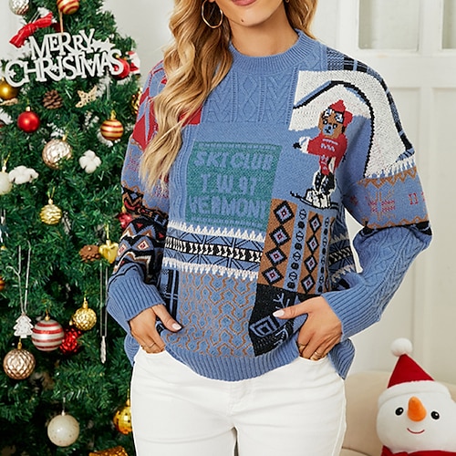 

Women's Ugly Christmas Sweater Pullover Sweater Jumper Ribbed Knit Knitted Geometric Crew Neck Stylish Casual Outdoor Christmas Winter Fall Blue Red S M L / Long Sleeve / Weekend / Letter / Going out