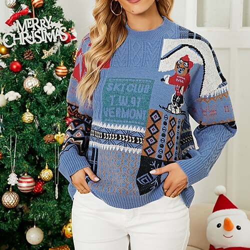 

Women's Ugly Christmas Sweater Pullover Sweater Jumper Ribbed Knit Knitted Geometric Crew Neck Stylish Casual Outdoor Christmas Winter Fall Blue Red S M L / Long Sleeve / Weekend / Letter / Going out