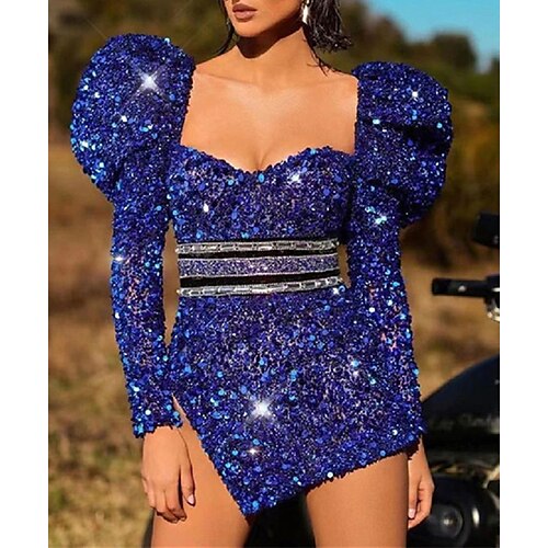 

Women's Party Dress Sequin Dress Sheath Dress Blue Long Sleeve Pure Color Sequins Winter Fall Autumn Square Neck Hot Party Winter Dress Fall Dress 2022 XS S M L XL XXL