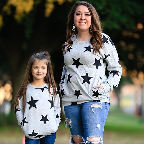 

Mommy and Me T shirt Star Casual Gray Long Sleeve Daily Matching Outfits