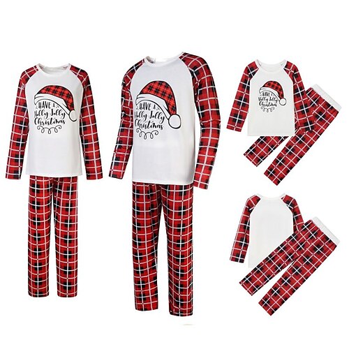 

Family Look Christmas Pajamas Plaid Letter Santa Claus Home Green Red Long Sleeve Basic Matching Outfits