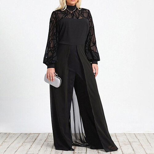

Women's Plus Size Jumpsuit Mesh Solid Color Streetwear Formal Club High Full Length Winter Fall Black L XL XXL 3XL 4XL