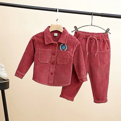 

2 Pieces Toddler Boys Shirt & Pants Outfit Solid Color Long Sleeve Cotton Set Outdoor Fashion Daily Winter Fall 3-7 Years Green Red