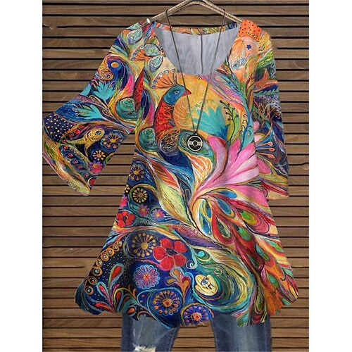 

Women's Plus Size Tops Blouse Shirt Animal Print 3/4 Length Sleeve Crewneck Casual Daily Holiday Cotton Spandex Jersey Winter Fall Rainbow