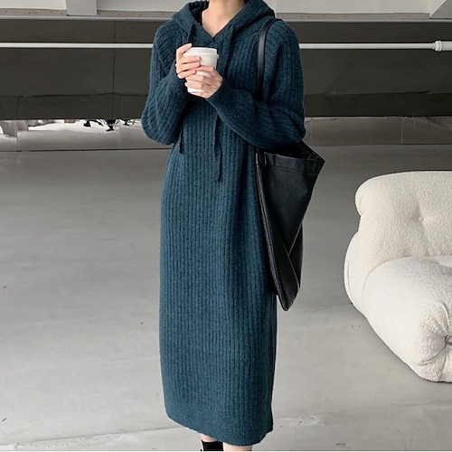 

Per donna Abito in maglia Abito casual Vestito a trapezio Abito lungo Abito lungo blu navy Beige Grigio Manica lunga Colore puro Lavorato a maglia Inverno Autunno Con cappuccio Fine settimana Abito