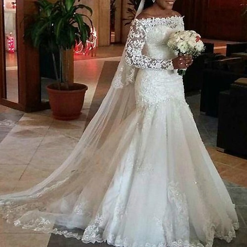 

Mermaid / Trumpet Wedding Dresses Off Shoulder Chapel Train Lace Tulle Long Sleeve Formal Sexy with Appliques 2022