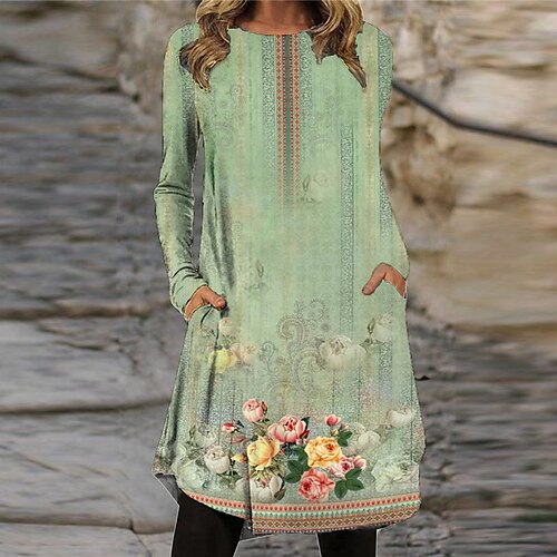 

Women's Casual Dress T Shirt Dress Tee Dress Green Blue Khaki Long Sleeve Floral Pocket Print Winter Fall Crew Neck Vacation Casual Fall Dress 2022 S M L XL XXL 3XL / Winter Dress
