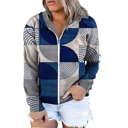 

Women's Plus Size Tops Hoodie Sweatshirt Color Block Geometry Zipper Print Long Sleeve Hooded Streetwear Daily Vacation Polyester Fall Winter Blue