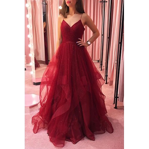 

Ball Gown A-Line Prom Dresses Sparkle & Shine Dress Formal Floor Length Sleeveless V Neck Tulle Backless with Ruched Ruffles 2022