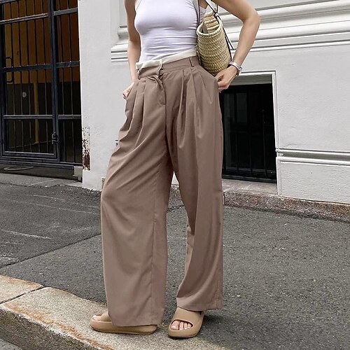 

Women's Pants Trousers Cotton Blend Brown Fashion Daily Work Wide Leg Full Length Comfort Plain S M L